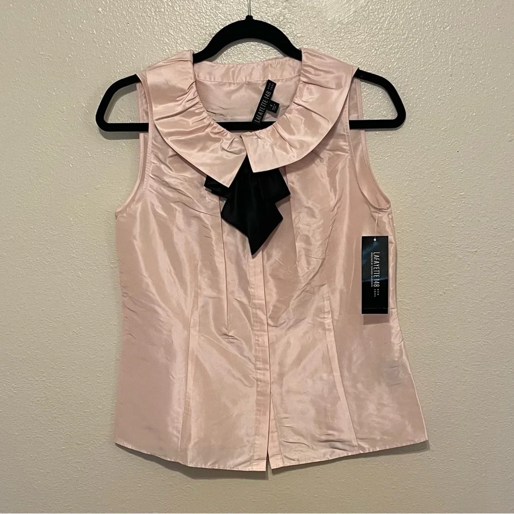 Lafayette 148 New York Silk Pink Sleeveless Blouse Ruffle Collar Bow Button Up - Picture 1 of 11
